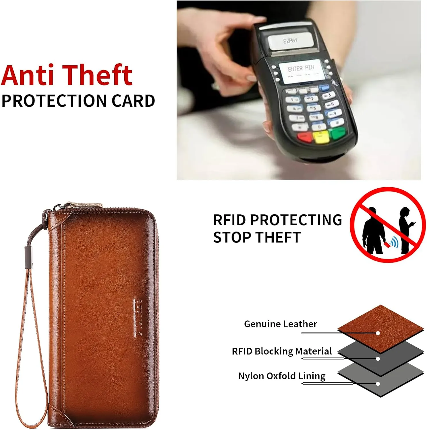 Men's Genuine Leather Zipper Wallet with RFID Blocking, Phone Pocket，Long Zipper Pouch Wallet, Large Clutch Cash Long Wallet with Zipper，Leather Wallets for Men for Checkbook, phone, Cash