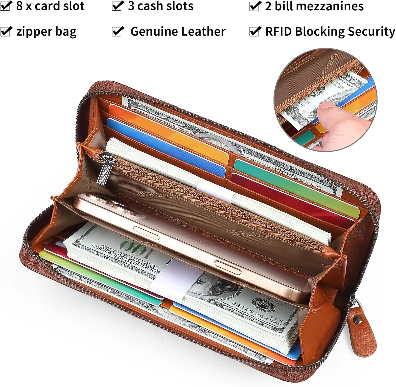 Men's Genuine Leather Zipper Wallet with RFID Blocking, Phone Pocket，Long Zipper Pouch Wallet, Large Clutch Cash Long Wallet with Zipper，Leather Wallets for Men for Checkbook, phone, Cash