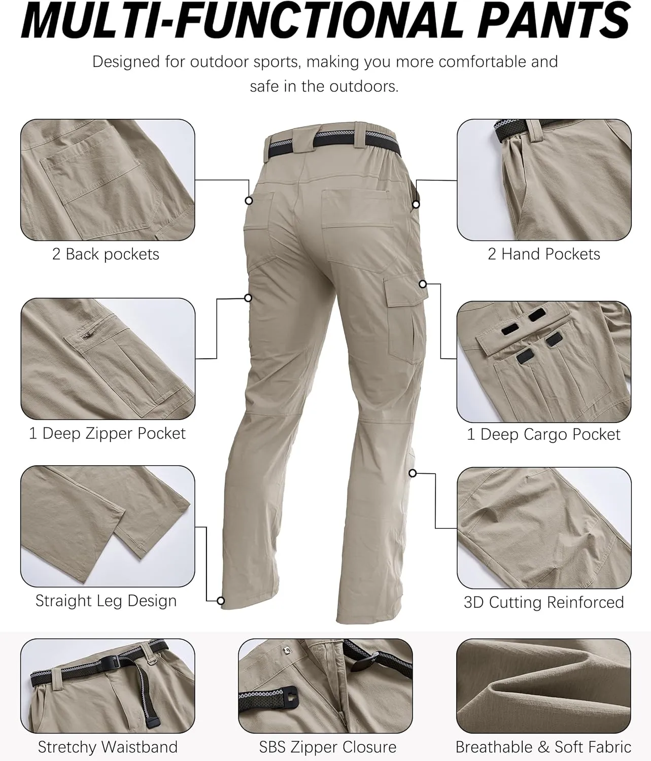 Men's Hiking Pants Quick-Dry Lightweight Waterproof Travel Outdoor Camping Hunting Fishing Work Cargo Pants