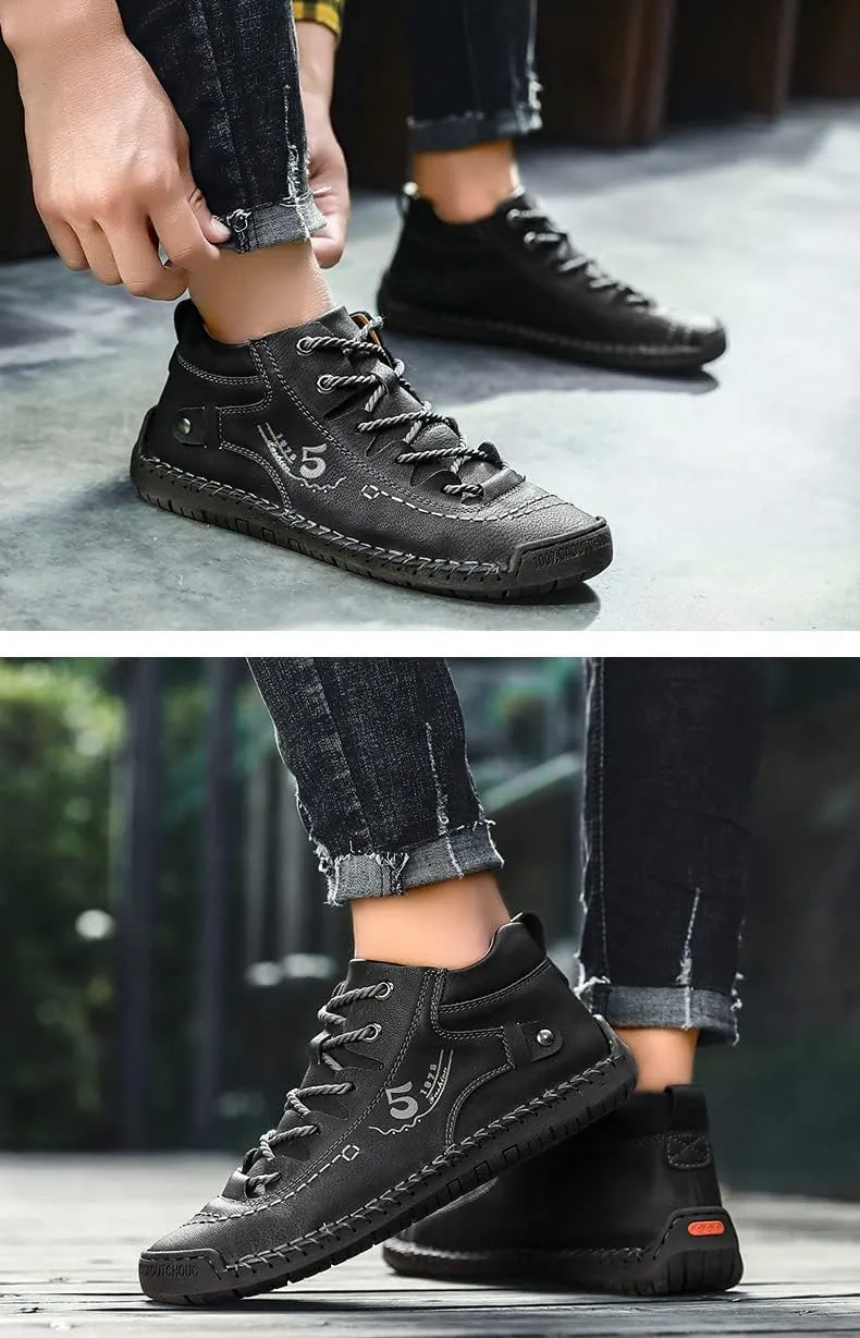 Mens Leather Ankle Chukka Boots Hand Stitching Comfort Soft Casual Shoes Loafers Flat Shoes Vintage Breathable Lace-up Lightweight Fashionable Flats Oxford Shoes