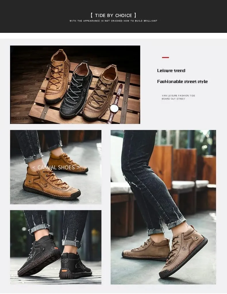 Mens Leather Ankle Chukka Boots Hand Stitching Comfort Soft Casual Shoes Loafers Flat Shoes Vintage Breathable Lace-up Lightweight Fashionable Flats Oxford Shoes