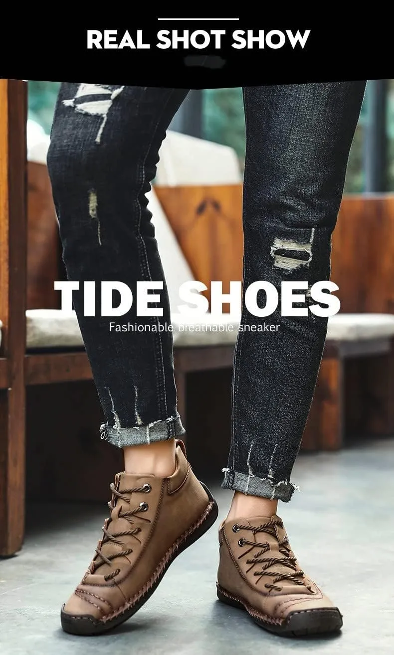 Mens Leather Ankle Chukka Boots Hand Stitching Comfort Soft Casual Shoes Loafers Flat Shoes Vintage Breathable Lace-up Lightweight Fashionable Flats Oxford Shoes