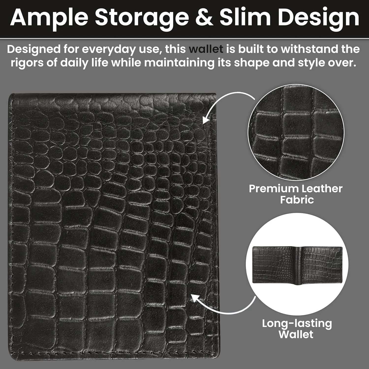 Men’s Leather Wallet – RFID Blocking Bifold Wallet, Front Pocket, Slim & Stylish with 15 Card Slots, ID Window, Alligator Pattern, Handmade, Crocodile, Durable Stitching – Black, Gift for Him
