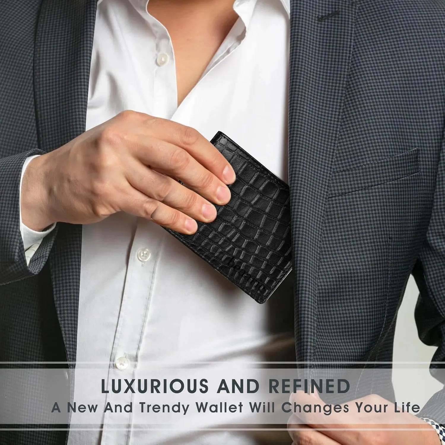 Men’s Leather Wallet – RFID Blocking Bifold Wallet, Front Pocket, Slim & Stylish with 15 Card Slots, ID Window, Alligator Pattern, Handmade, Crocodile, Durable Stitching – Black, Gift for Him
