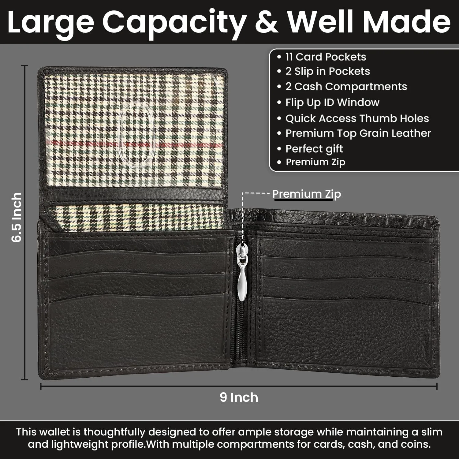 Men’s Leather Wallet – RFID Blocking Bifold Wallet, Front Pocket, Slim & Stylish with 15 Card Slots, ID Window, Alligator Pattern, Handmade, Crocodile, Durable Stitching – Black, Gift for Him
