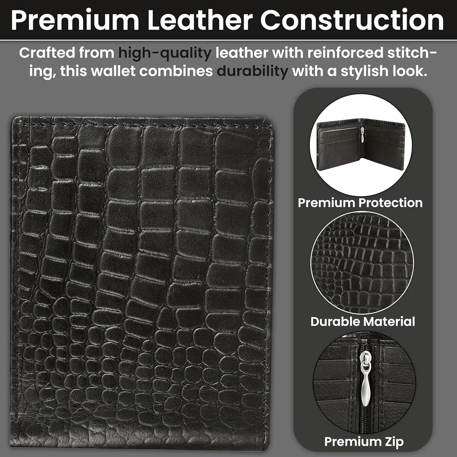 Men’s Leather Wallet – RFID Blocking Bifold Wallet, Front Pocket, Slim & Stylish with 15 Card Slots, ID Window, Alligator Pattern, Handmade, Crocodile, Durable Stitching – Black, Gift for Him