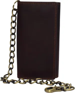 Men's RFID Signal Blocking Biker's Vintage Brown Leather Long Tri-fold Chain Checkbook Card ID Wallet (Brown)