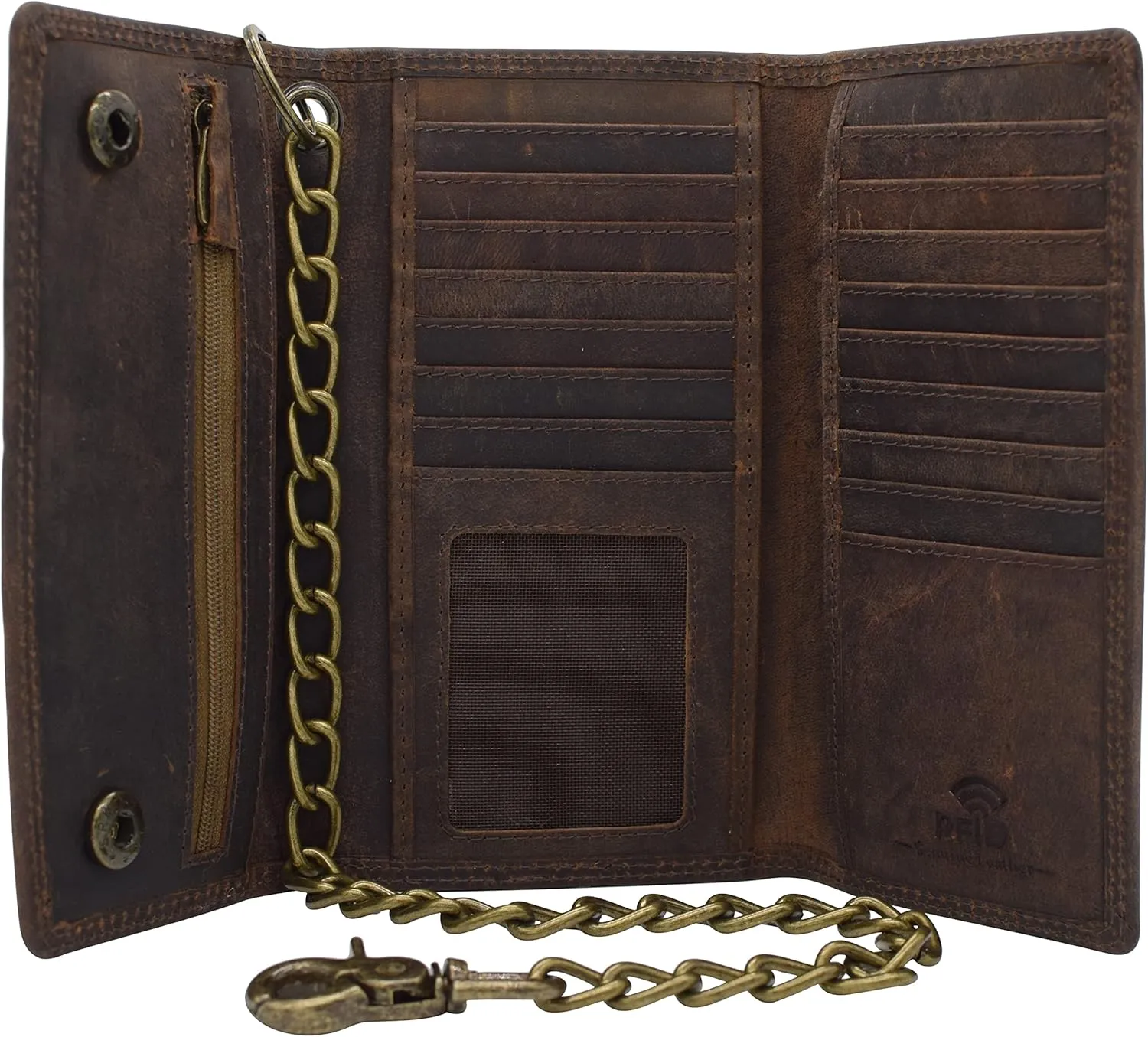 Men's RFID Signal Blocking Biker's Vintage Brown Leather Long Tri-fold Chain Checkbook Card ID Wallet (Brown)