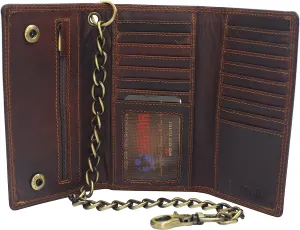 Men's RFID Signal Blocking Biker's Vintage Brown Leather Long Tri-fold Chain Checkbook Card ID Wallet (Crazy Horse Brown)