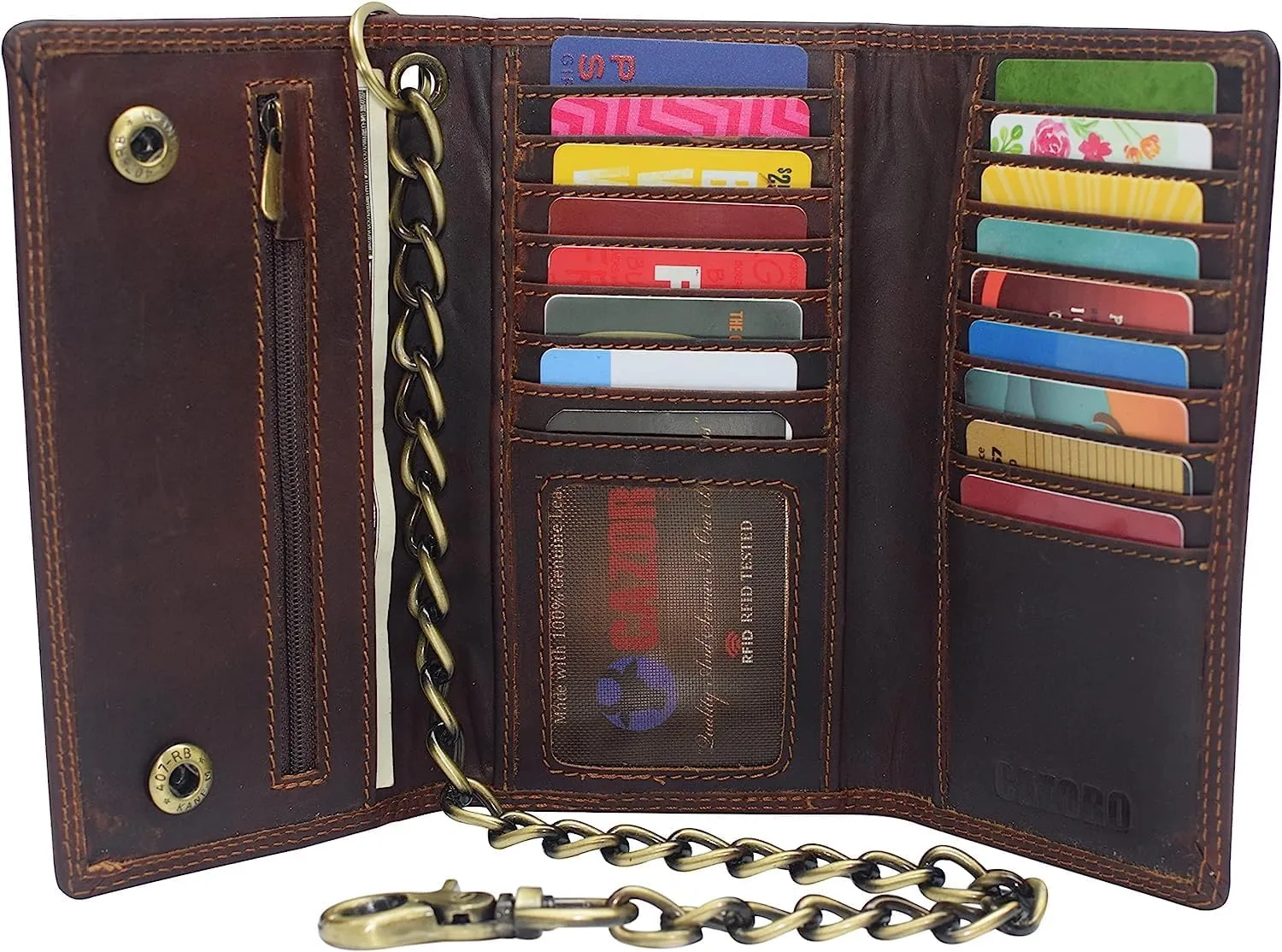 Men's RFID Signal Blocking Biker's Vintage Brown Leather Long Tri-fold Chain Checkbook Card ID Wallet (Crazy Horse Brown)