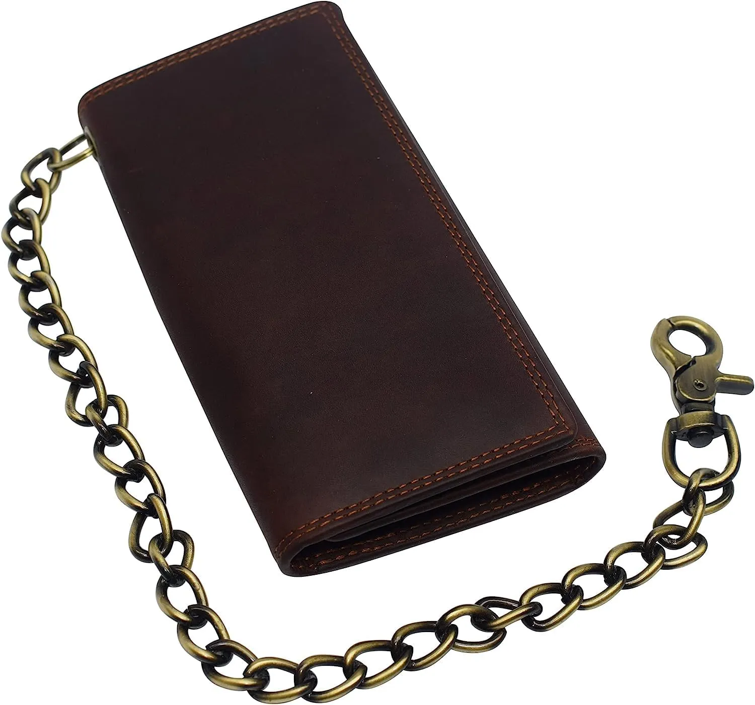 Men's RFID Signal Blocking Biker's Vintage Brown Leather Long Tri-fold Chain Checkbook Card ID Wallet (Crazy Horse Brown)