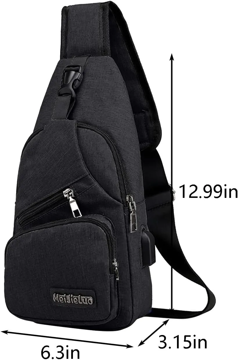Mens Sling Bag,Crossbody Sling Bag with USB Charger Hole Multipurpose Backpack Casual Chest Bag Hiking Daypack Outdoor (Black)
