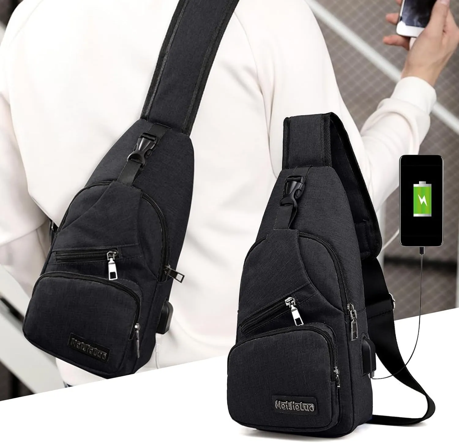 Mens Sling Bag,Crossbody Sling Bag with USB Charger Hole Multipurpose Backpack Casual Chest Bag Hiking Daypack Outdoor (Black)