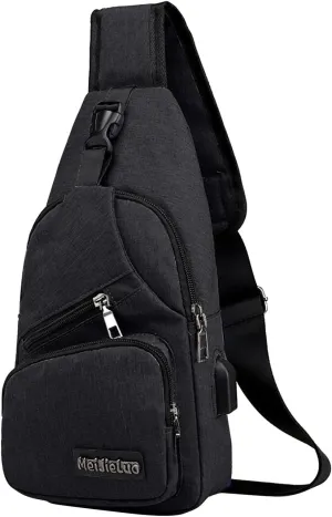 Mens Sling Bag,Crossbody Sling Bag with USB Charger Hole Multipurpose Backpack Casual Chest Bag Hiking Daypack Outdoor (Black)