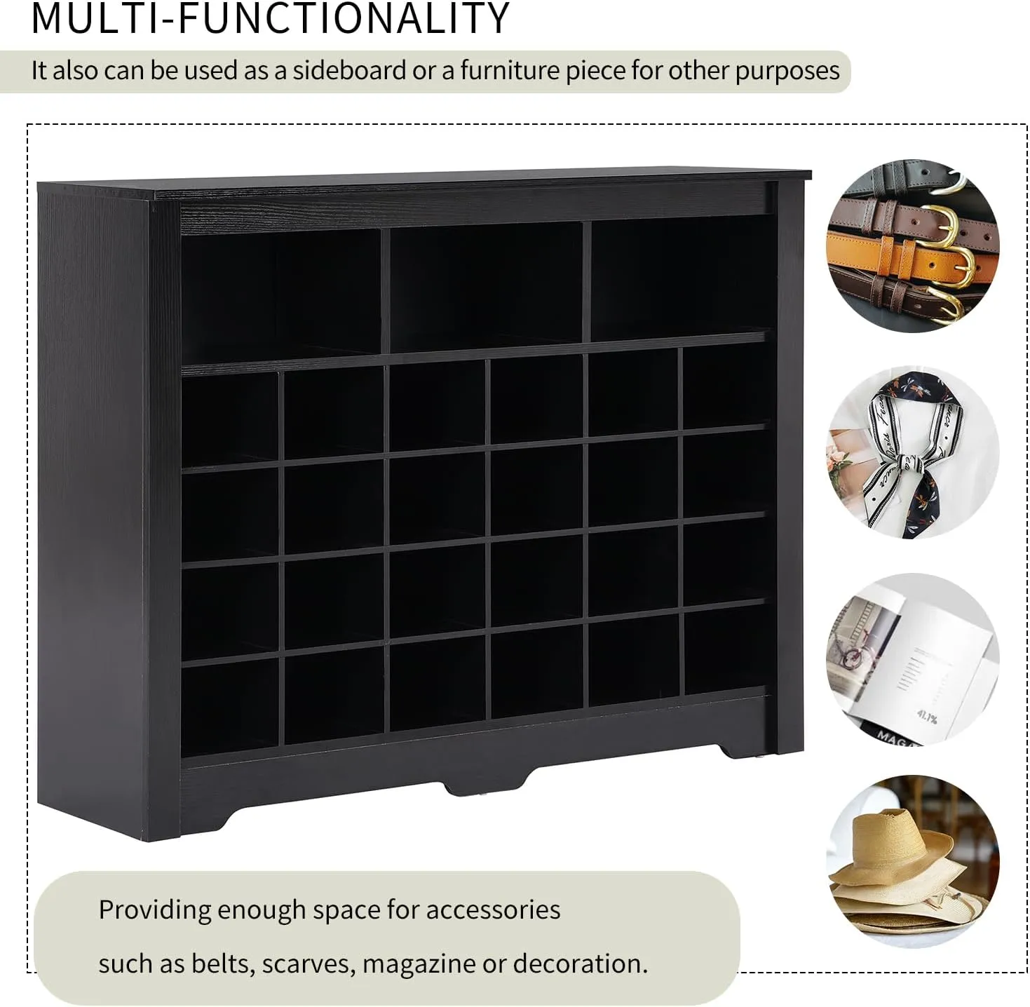 Merax Sleek Design 24 Shoe Cubby Console, Modern Storage Cabinet with Curved Base, Versatile Sideboard for Hallway, Bedroom, Living Room, 45.2 inch Length, Black