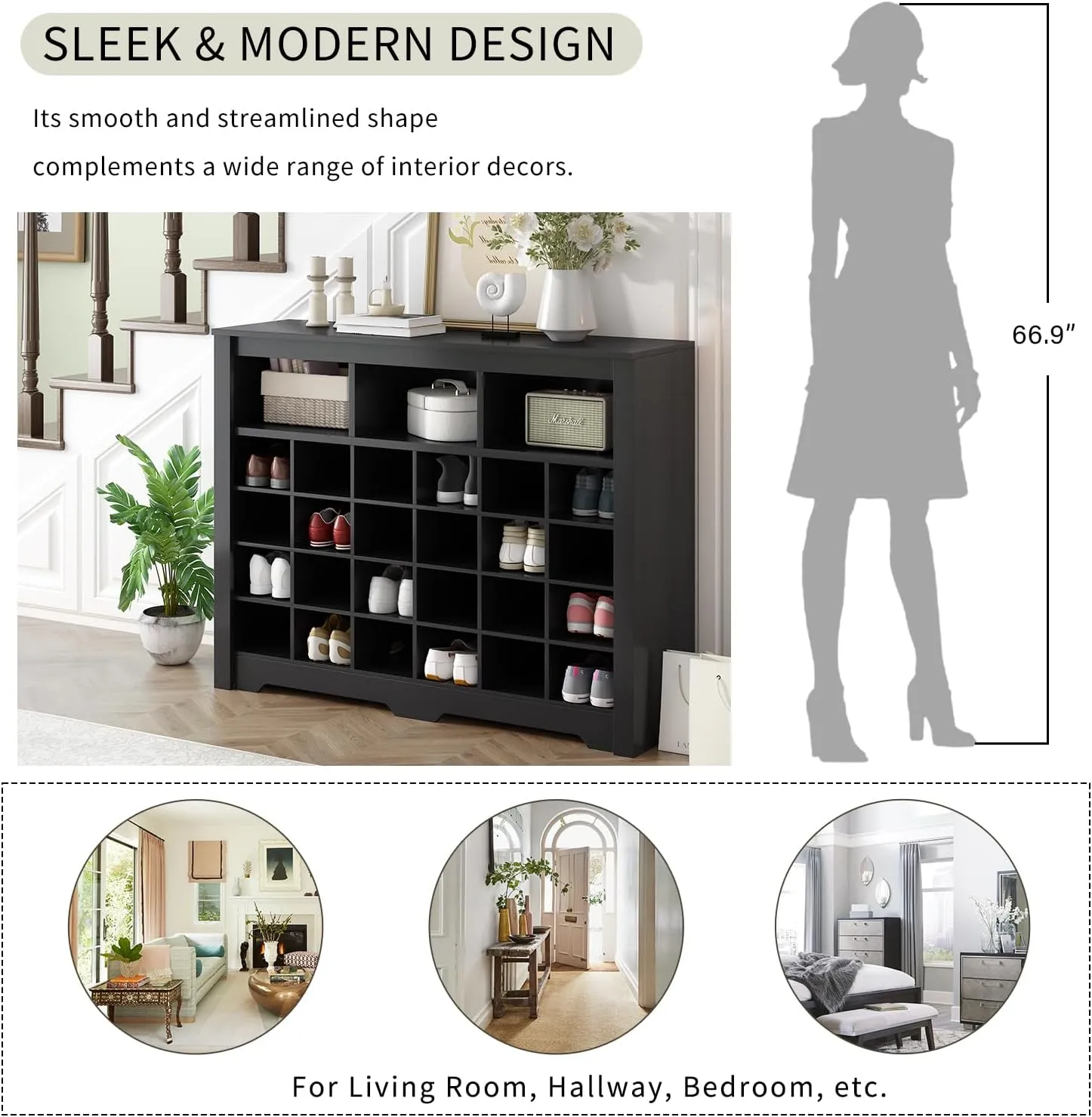 Merax Sleek Design 24 Shoe Cubby Console, Modern Storage Cabinet with Curved Base, Versatile Sideboard for Hallway, Bedroom, Living Room, 45.2 inch Length, Black