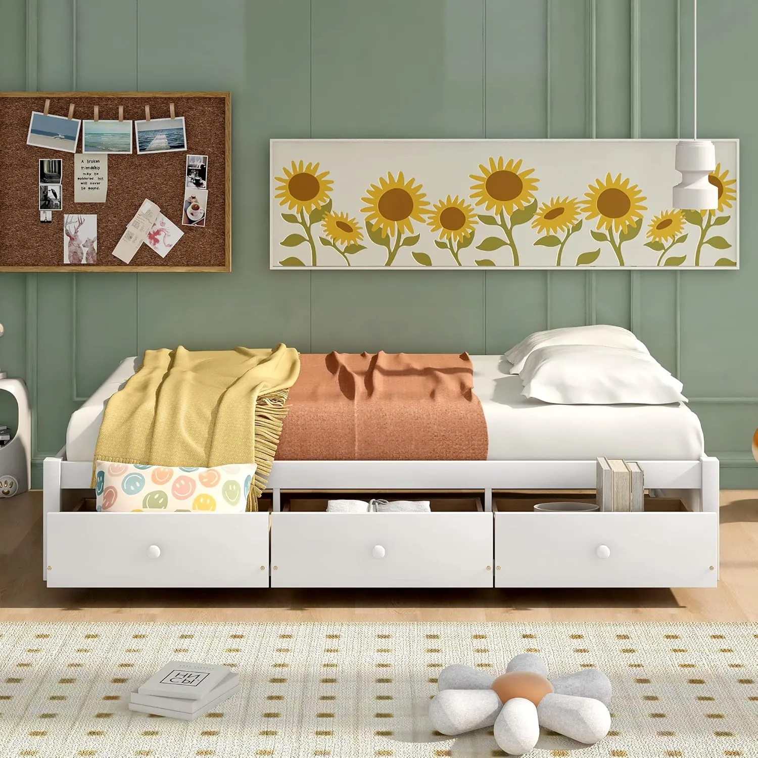 Merax Twin Size Platform Storage Bed with 3 Drawers,White