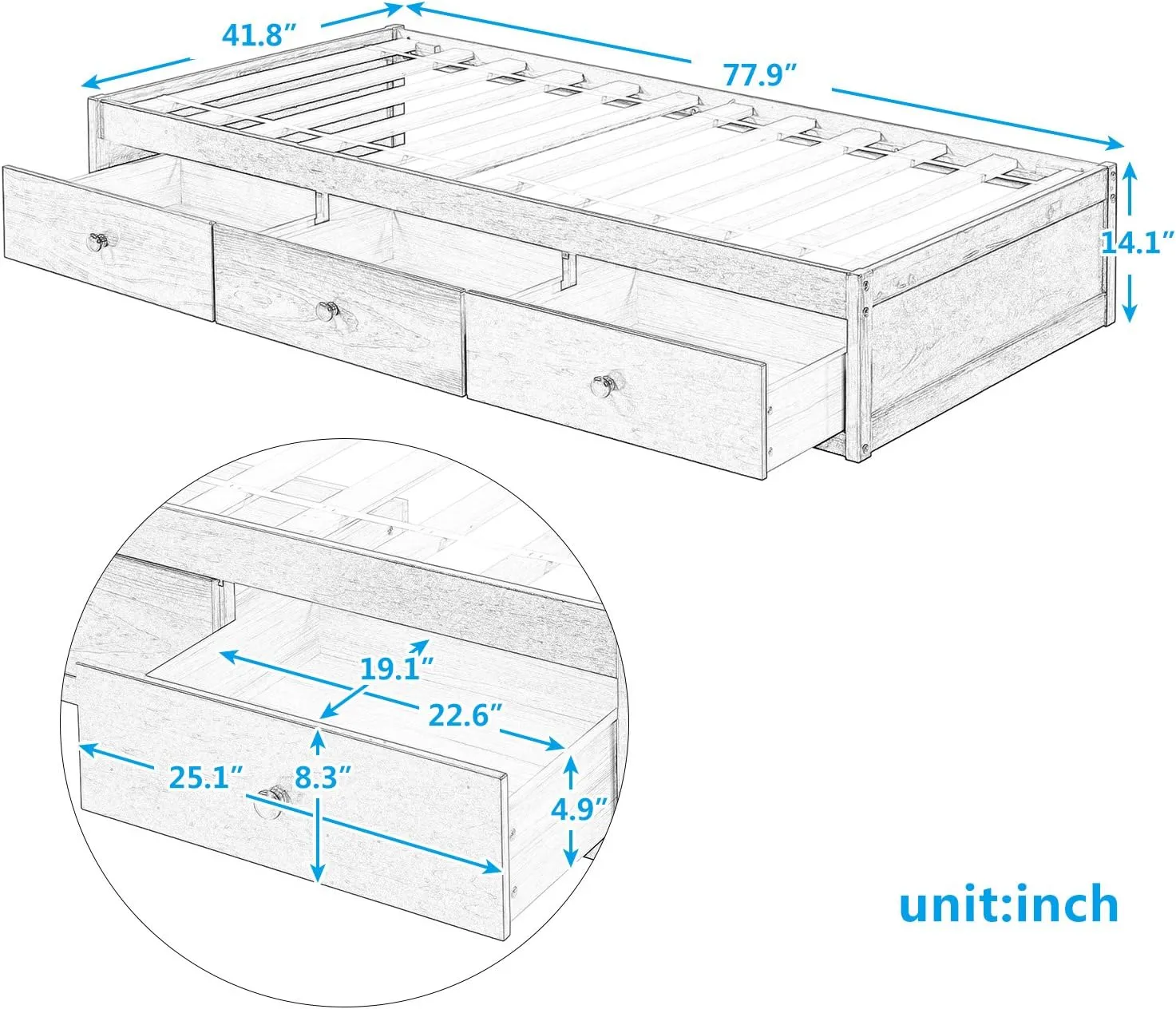 Merax Twin Size Platform Storage Bed with 3 Drawers,White