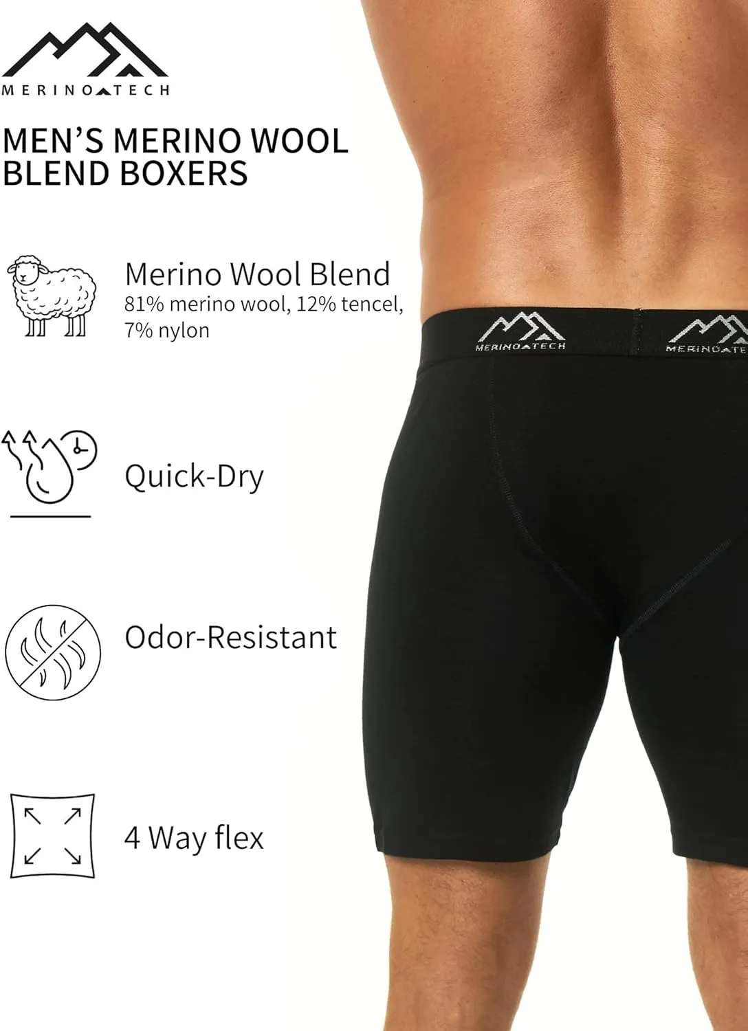 Merino.tech Merino Wool Boxer Briefs Men - Merino Wool Underwear Breathable Dry Fit Comfy Sports Base Layer for Men