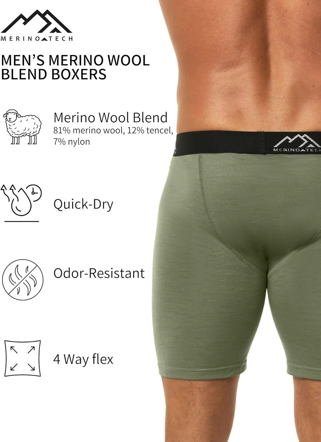 Merino.tech Merino Wool Boxer Briefs Men - Merino Wool Underwear Breathable Dry Fit Comfy Sports Base Layer for Men