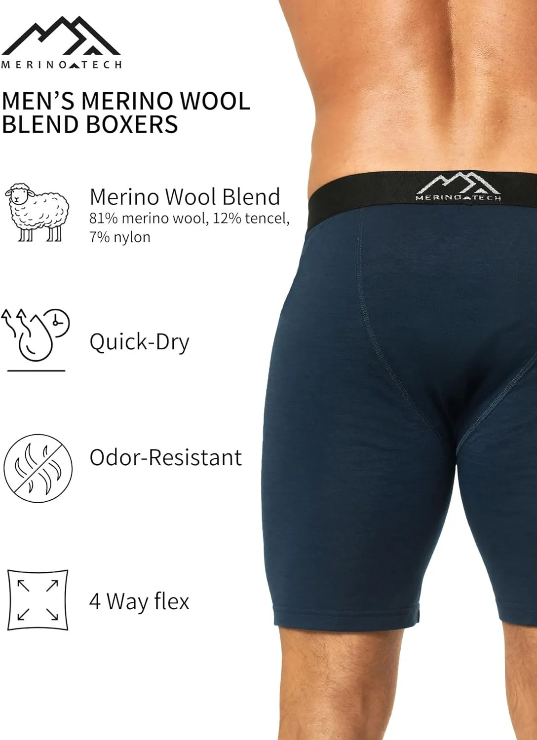 Merino.tech Merino Wool Boxer Briefs Men - Merino Wool Underwear Breathable Dry Fit Comfy Sports Base Layer for Men