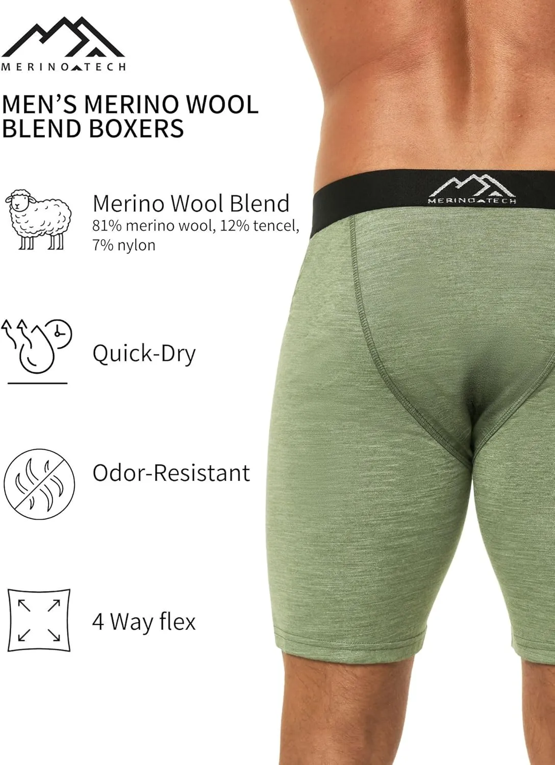 Merino.tech Merino Wool Boxer Briefs Men - Merino Wool Underwear Breathable Dry Fit Comfy Sports Base Layer for Men