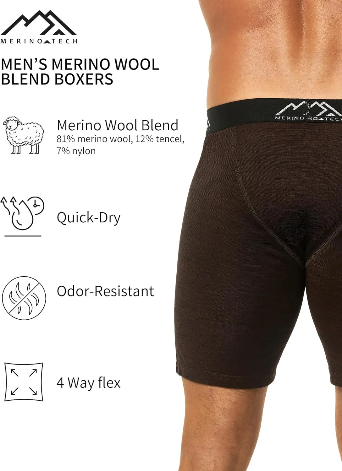 Merino.tech Merino Wool Boxer Briefs Men - Merino Wool Underwear Breathable Dry Fit Comfy Sports Base Layer for Men