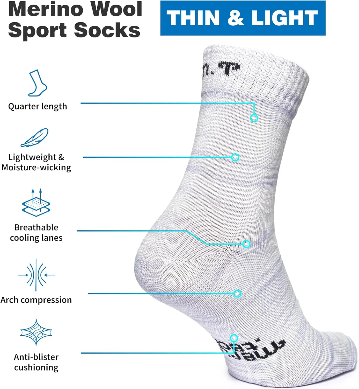 Merino.tech Thin Merino Wool Socks for Women and Men - Merino Wool Running Socks Quarter Style