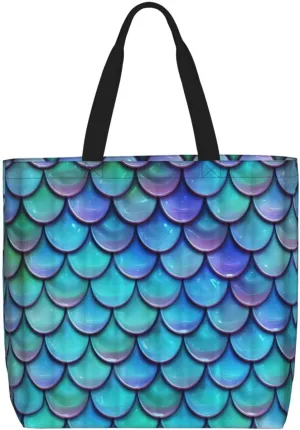 Mermaid Teal Fish Scale Tote Bag For Women, Large Shoulder Bag Top Handle Handbag For Travel, Work