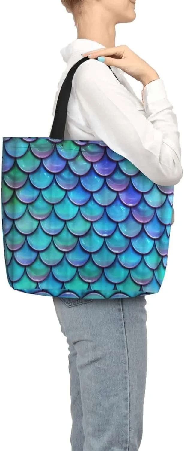 Mermaid Teal Fish Scale Tote Bag For Women, Large Shoulder Bag Top Handle Handbag For Travel, Work