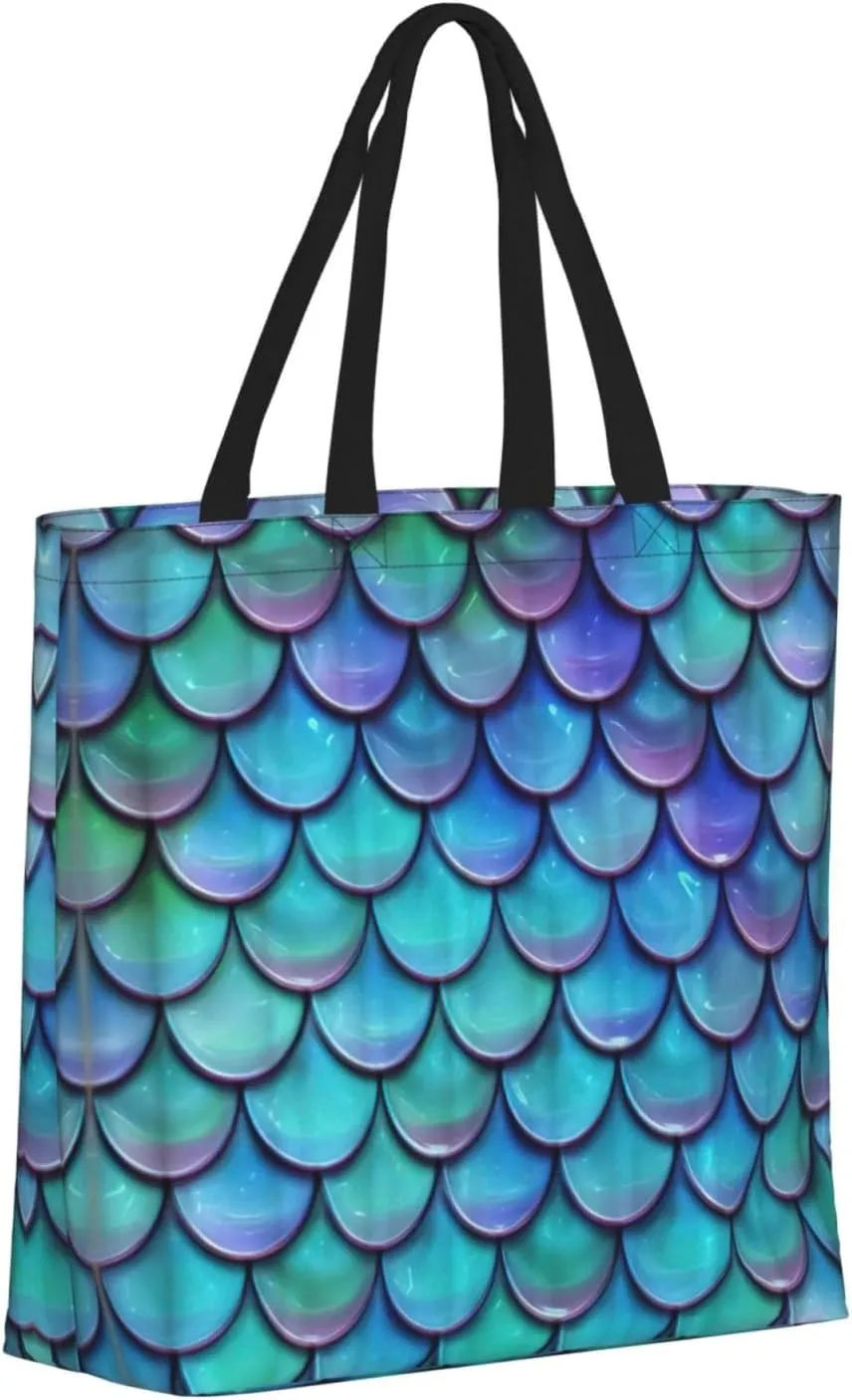 Mermaid Teal Fish Scale Tote Bag For Women, Large Shoulder Bag Top Handle Handbag For Travel, Work