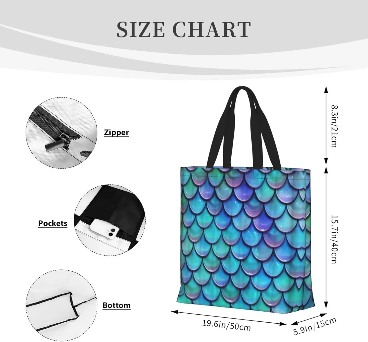 Mermaid Teal Fish Scale Tote Bag For Women, Large Shoulder Bag Top Handle Handbag For Travel, Work