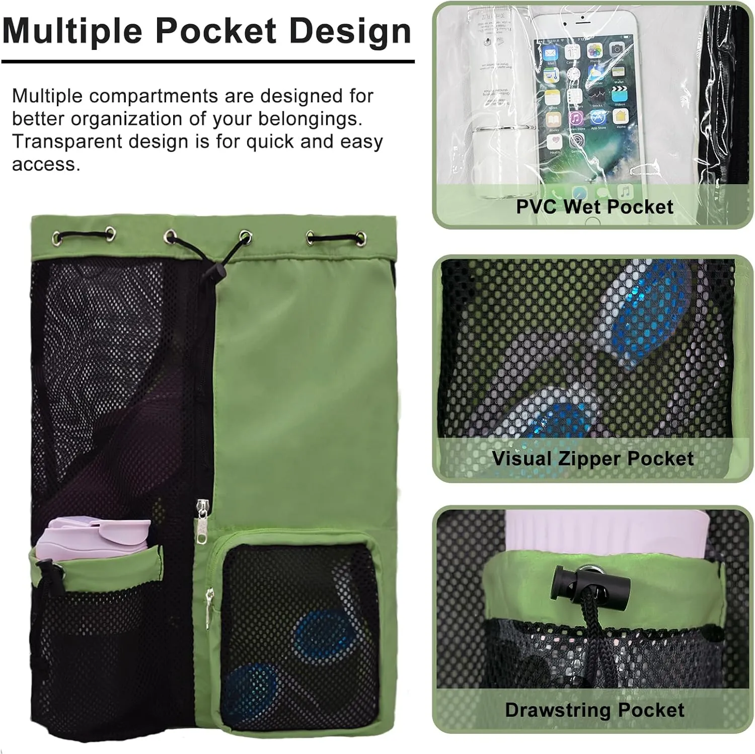 Mesh Beach Backpack with Wet Pocket Drawstring Pool Bag Waterproof Swimming Bag Gym Backpack for Men & Women