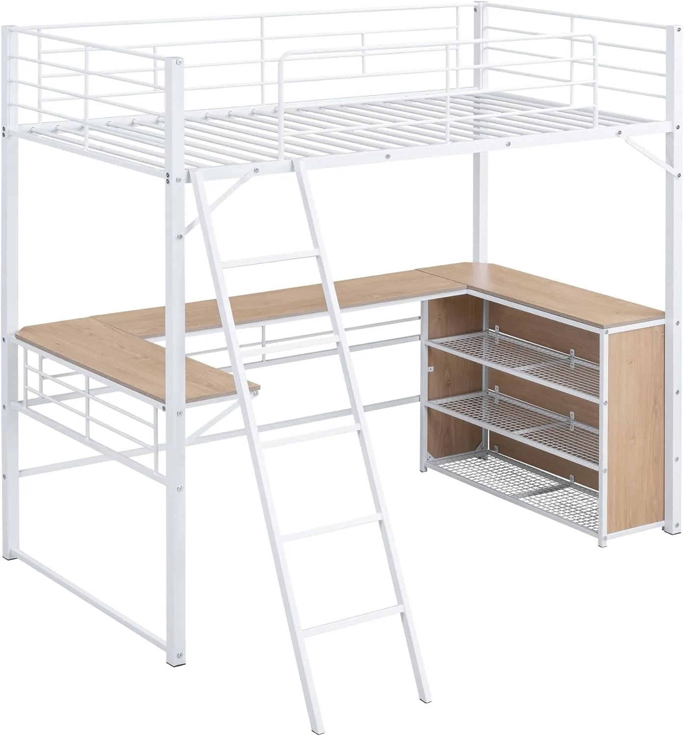 Metal Twin Size Loft Bed with L-Shaped Desk,Heavy Duty Loft Bed Frame with 3 Tier Shelves for Kids Teens Adults,Twin Size, Space Saving,White