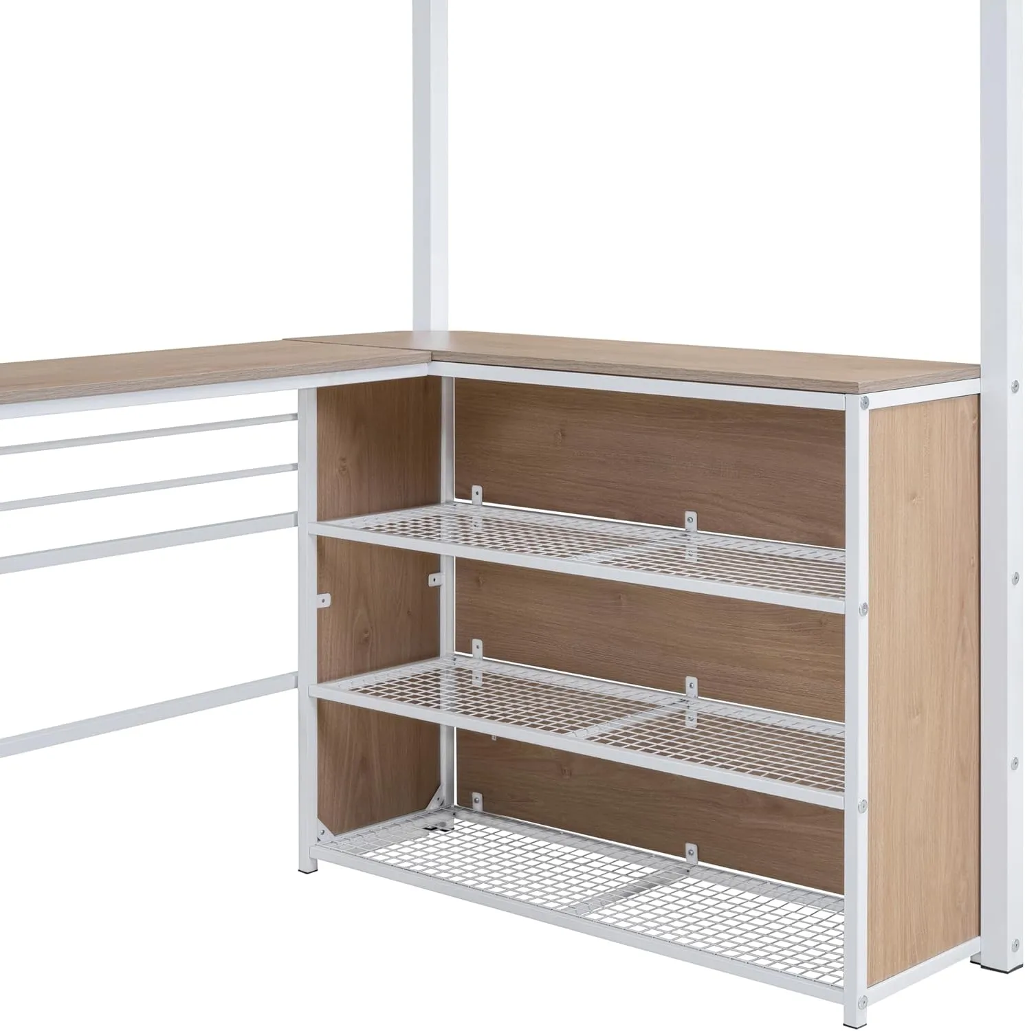 Metal Twin Size Loft Bed with L-Shaped Desk,Heavy Duty Loft Bed Frame with 3 Tier Shelves for Kids Teens Adults,Twin Size, Space Saving,White