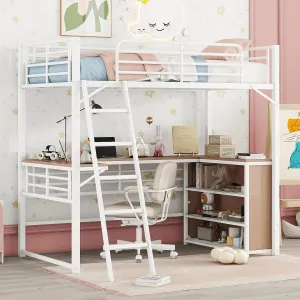 Metal Twin Size Loft Bed with L-Shaped Desk,Heavy Duty Loft Bed Frame with 3 Tier Shelves for Kids Teens Adults,Twin Size, Space Saving,White