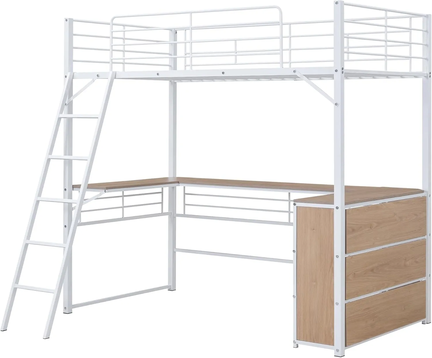Metal Twin Size Loft Bed with L-Shaped Desk,Heavy Duty Loft Bed Frame with 3 Tier Shelves for Kids Teens Adults,Twin Size, Space Saving,White