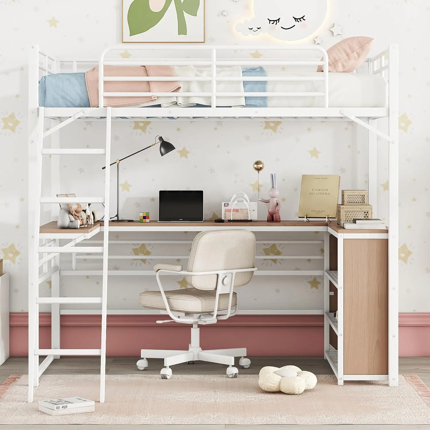 Metal Twin Size Loft Bed with L-Shaped Desk,Heavy Duty Loft Bed Frame with 3 Tier Shelves for Kids Teens Adults,Twin Size, Space Saving,White