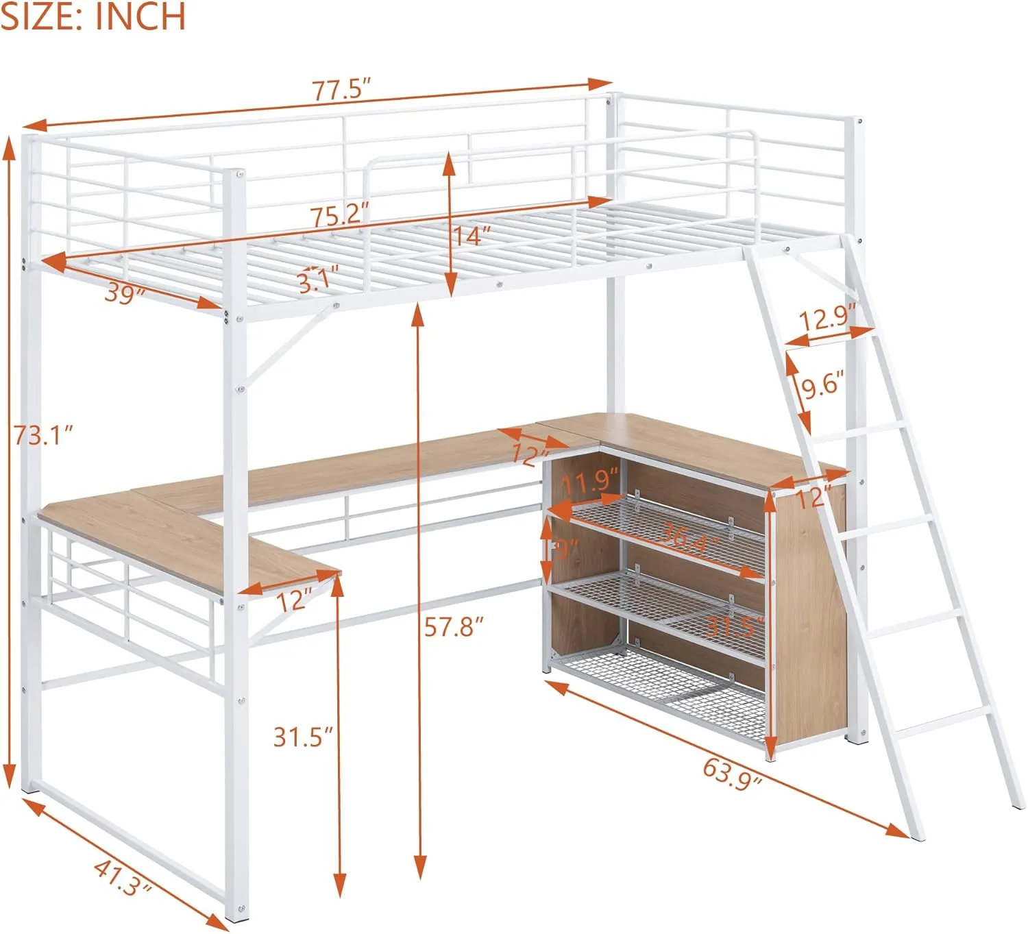 Metal Twin Size Loft Bed with L-Shaped Desk,Heavy Duty Loft Bed Frame with 3 Tier Shelves for Kids Teens Adults,Twin Size, Space Saving,White