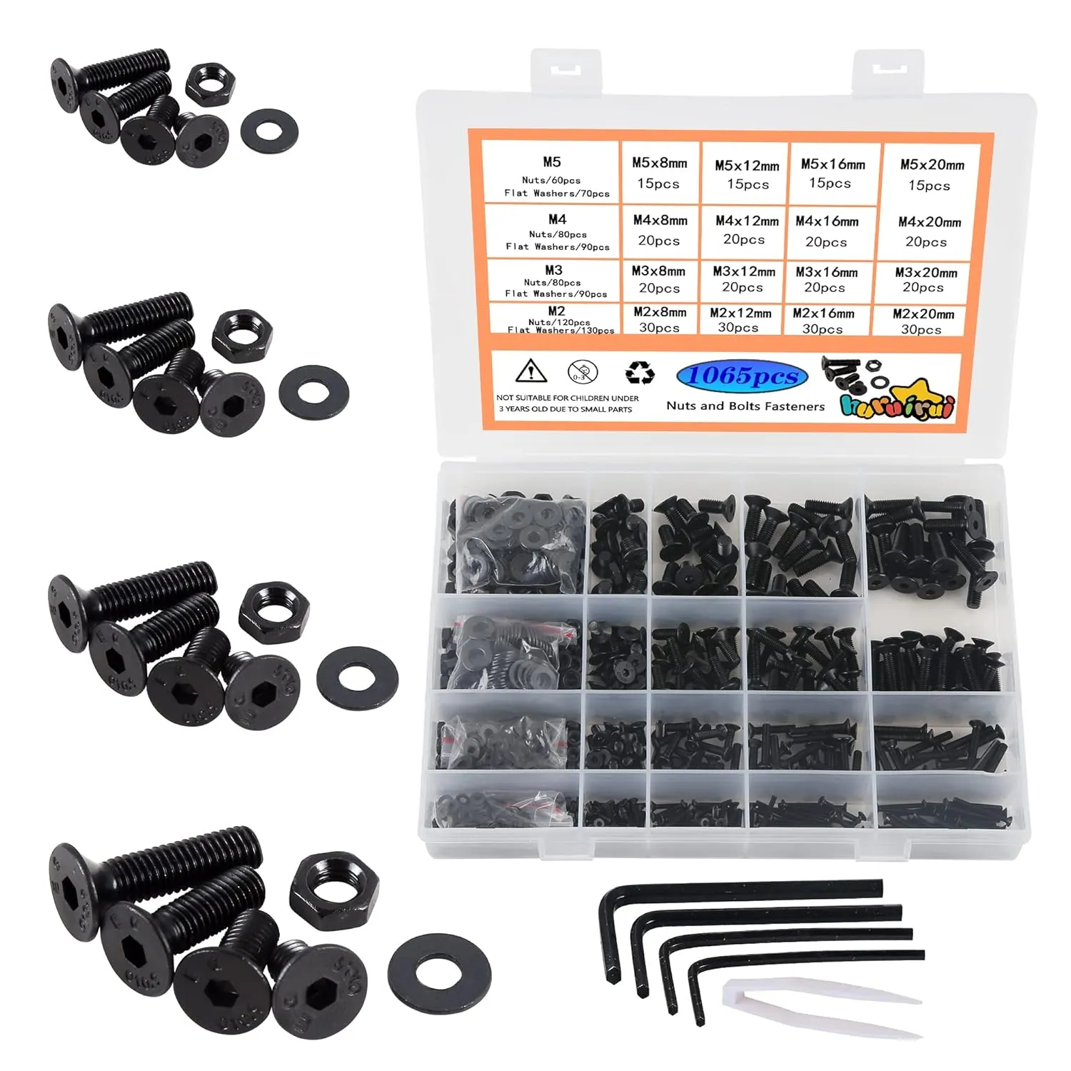 Metric Nuts and Bolts M2 M3 M4 M5 Washers Assorted Set,1065pcs Black Hex Socket Head Cap Screws Bolts and Nuts Kit, Thread Machine Hex Bolt Set Fastener Repair Tools Assortment Kit