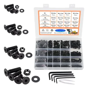 Metric Nuts and Bolts M2 M3 M4 M5 Washers Assorted Set,1065pcs Black Hex Socket Head Cap Screws Bolts and Nuts Kit, Thread Machine Hex Bolt Set Fastener Repair Tools Assortment Kit