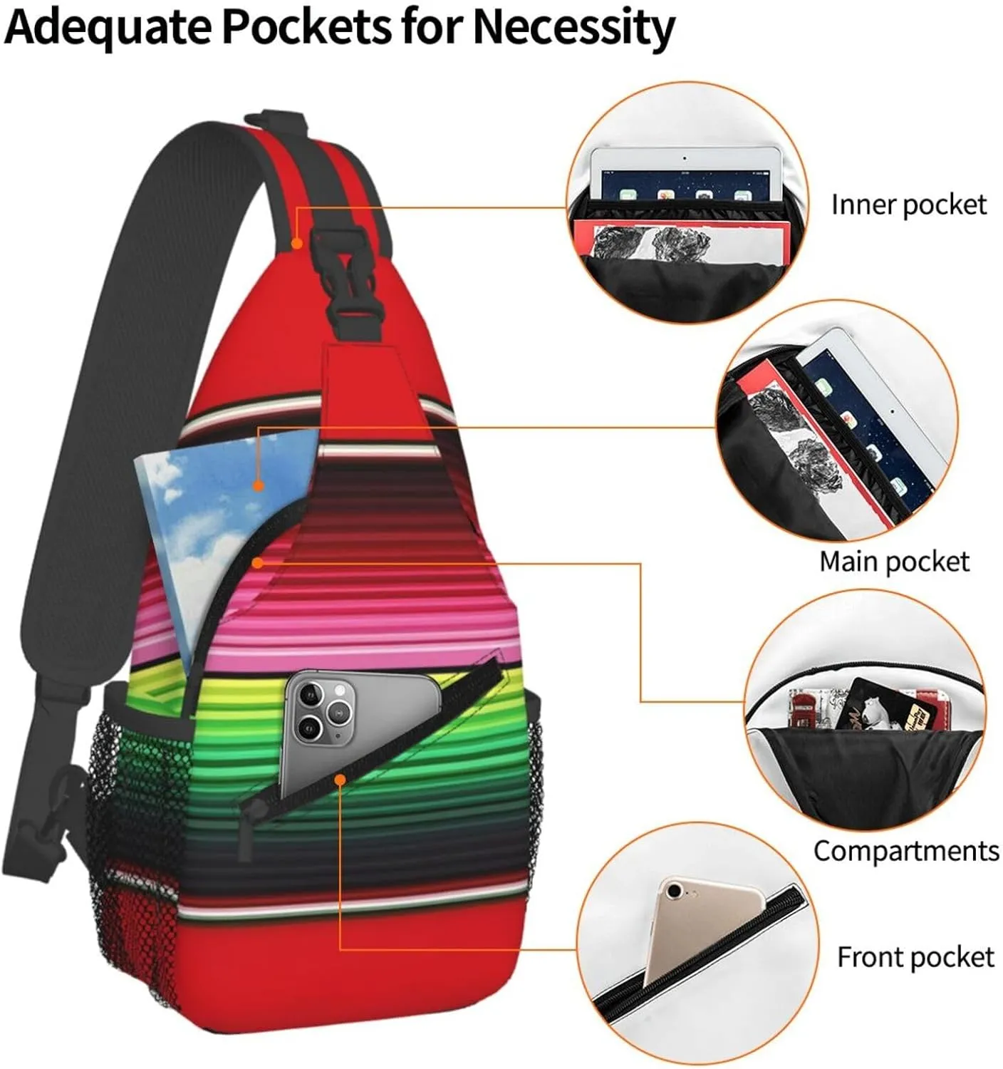 Mexican Red Green Stripes Crossbody Bags Sling Backpack Cross Chest Bag Sports Shoulder Bag Gym Fanny Pack Adjustable Cycling Daypack Diagonally Rucksack for Running