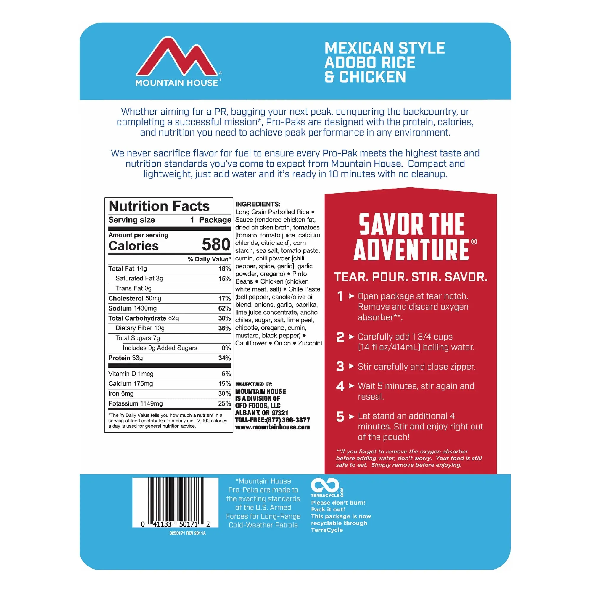 Mexican Style Adobo Rice & Chicken - Pro-Pak® Emergency Survival Food for Camping, Hiking and Backpacking - 6 Pouches