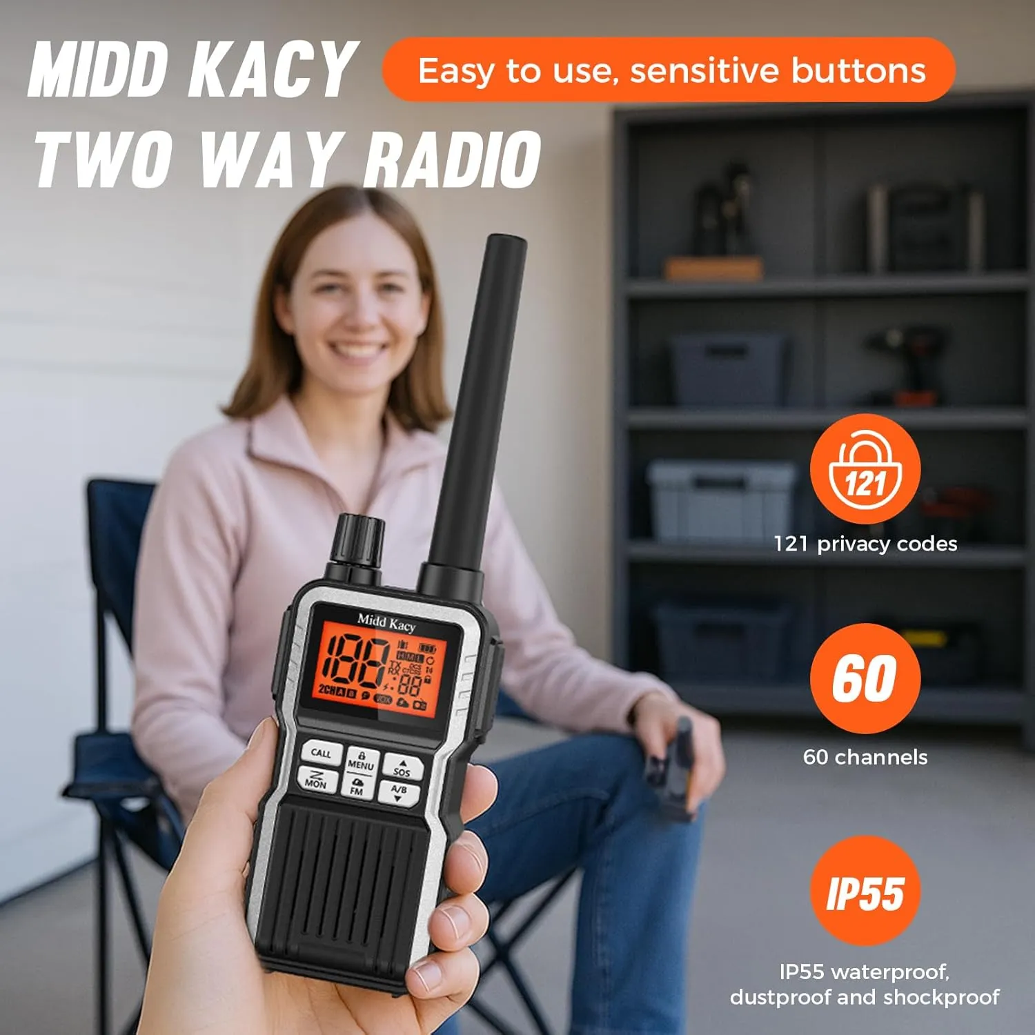 Midd Kacy Two-Way Radios,Walkie Talkies for Adults,60 Channel GMRS Radio with 121 Privacy Codes,IP55 Waterproof,SOS,NOAA Weather Alerts,VOX,Dual Watch(Black/Sliver,2 Pack)