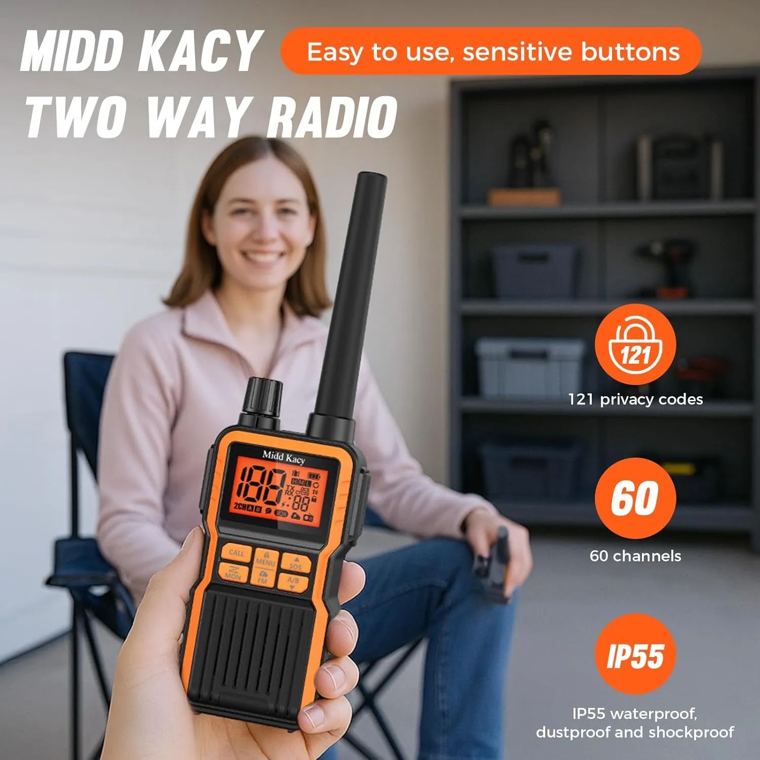 Midd Kacy Walkie Talkies,Two Way Radio Long Range,60 Channel GMRS Radio with 121 Privacy Codes,IP55 Waterproof,SOS,NOAA Weather Alerts,VOX,Dual Watch(Black/Orange, 4 Pack)