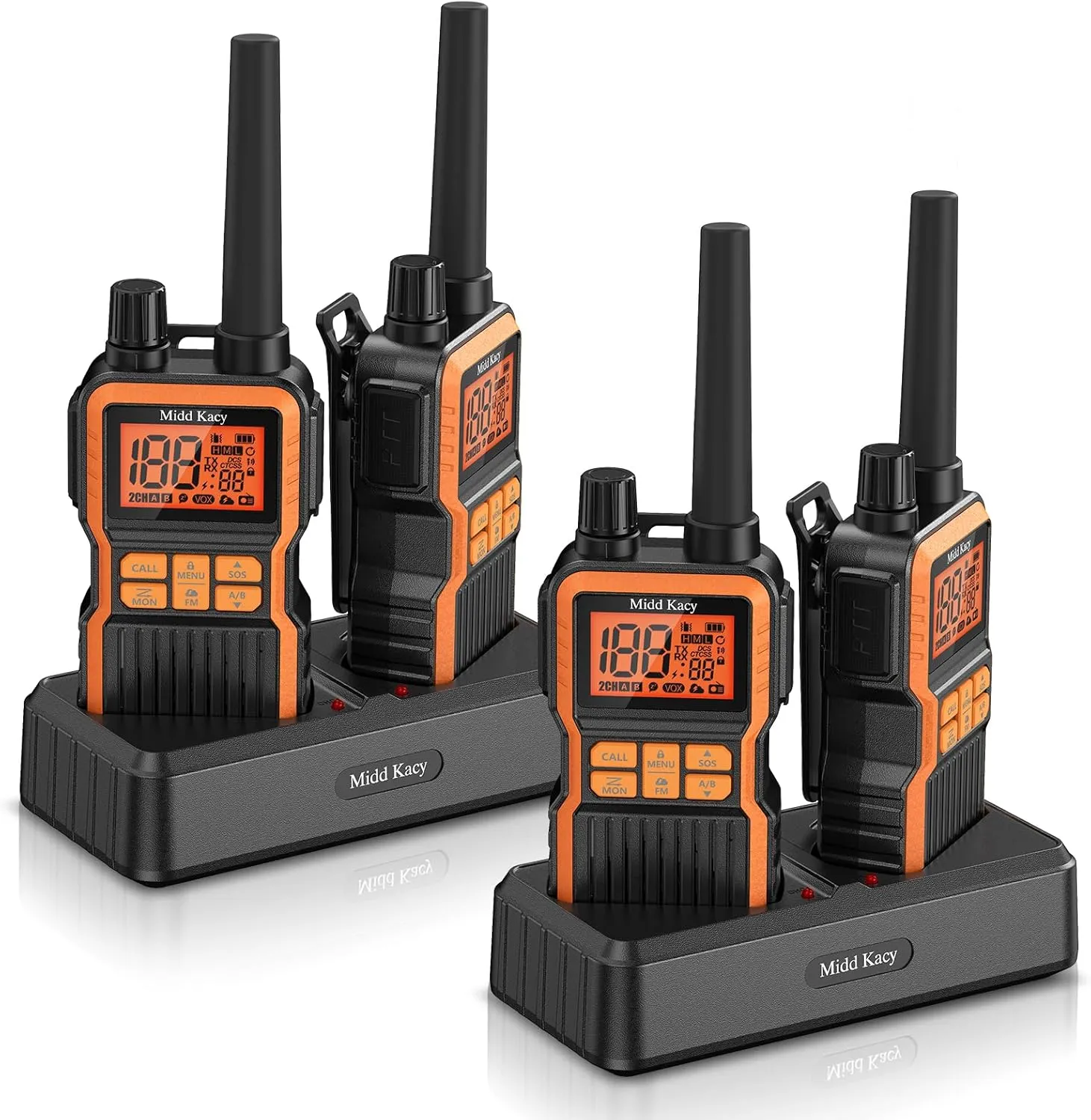 Midd Kacy Walkie Talkies,Two Way Radio Long Range,60 Channel GMRS Radio with 121 Privacy Codes,IP55 Waterproof,SOS,NOAA Weather Alerts,VOX,Dual Watch(Black/Orange, 4 Pack)