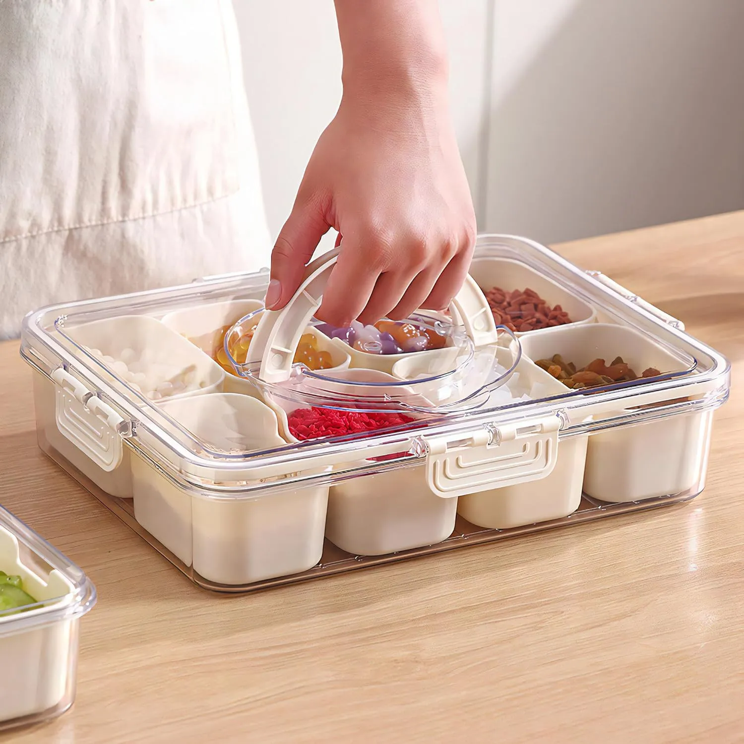 MineSign Divided Snackle Box with Handle Food Serving Tray Charcuterie Board with Lid Stackable Fruit&Veggie Container with 8 Small with Removable Boxes for Travel Snack Candy Nuts Spice