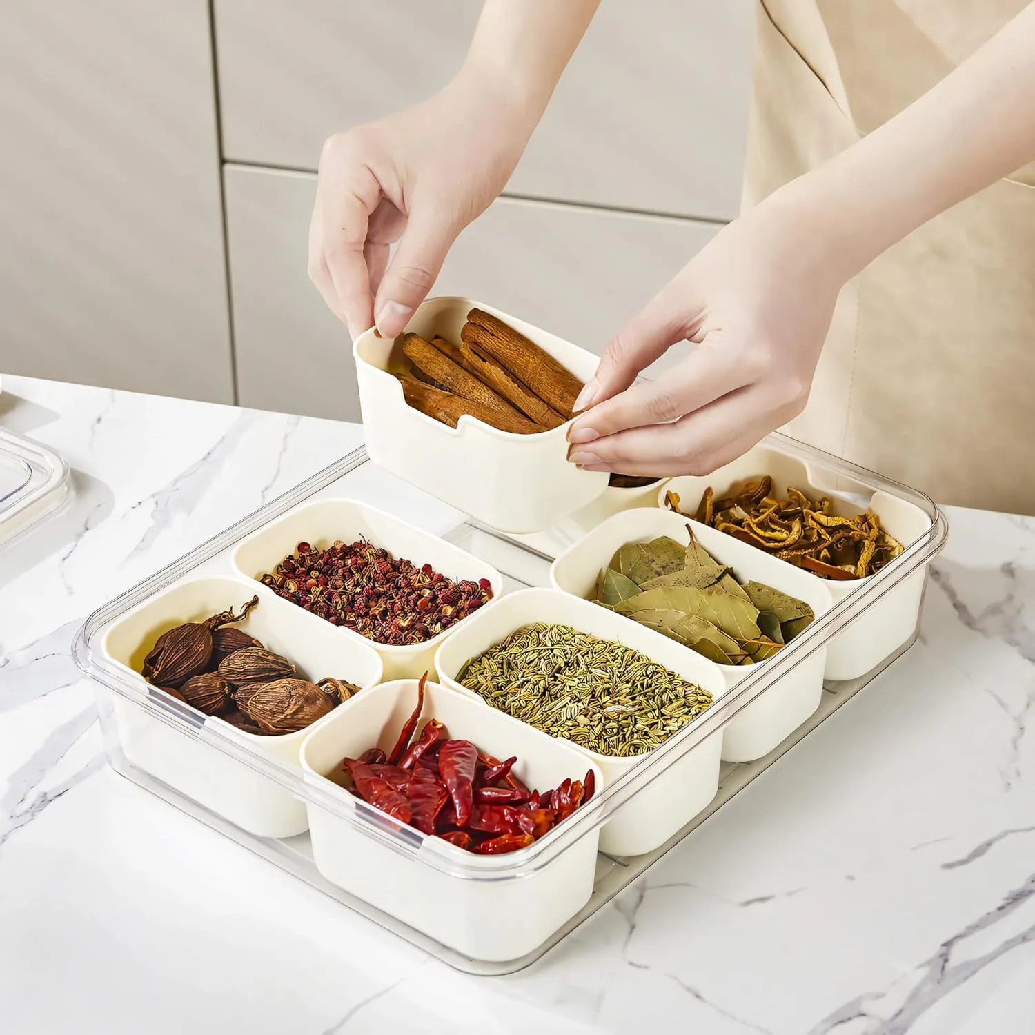MineSign Divided Snackle Box with Handle Food Serving Tray Charcuterie Board with Lid Stackable Fruit&Veggie Container with 8 Small with Removable Boxes for Travel Snack Candy Nuts Spice
