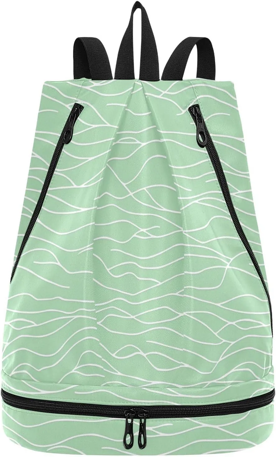 Minimalist Green Water Wave Drawstring string bag hiking small gym bags with Wet Dry Compartments
