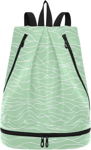 Minimalist Green Water Wave Drawstring string bag hiking small gym bags with Wet Dry Compartments